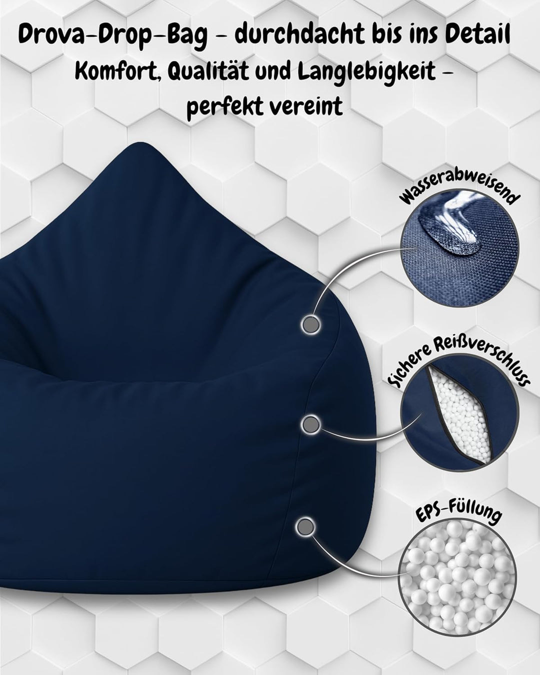 PATCH HOME Patchhome Sitzsack Tropfenform mit Reissverschluss Nachfüllbar - für In &amp; Outdoor - mit S