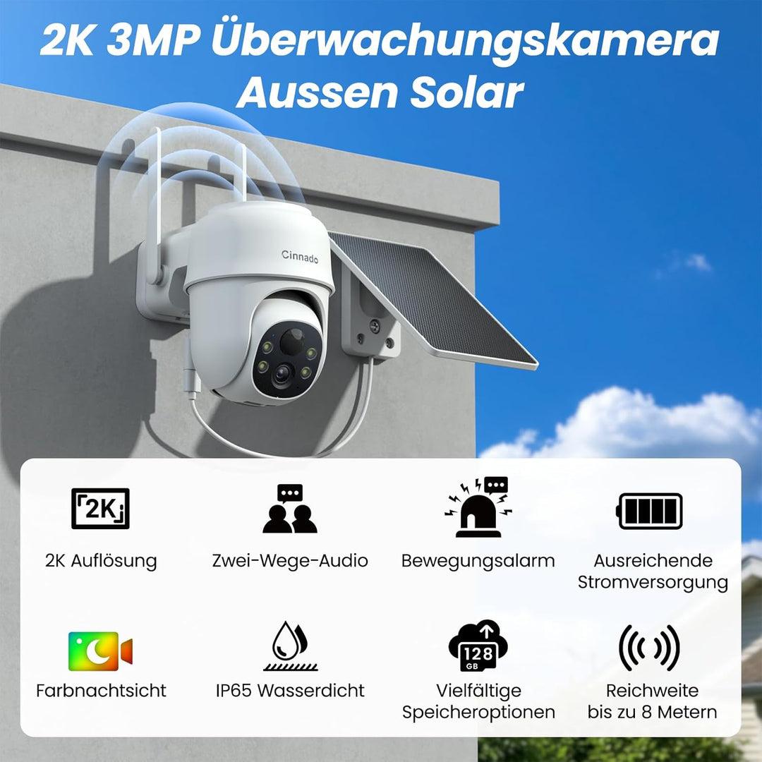 Cinnado Überwachungskamera Aussen Akku Solar - 2K Kabellos Kamera Überwachung Aussen, 360° PTZ 2,4 G