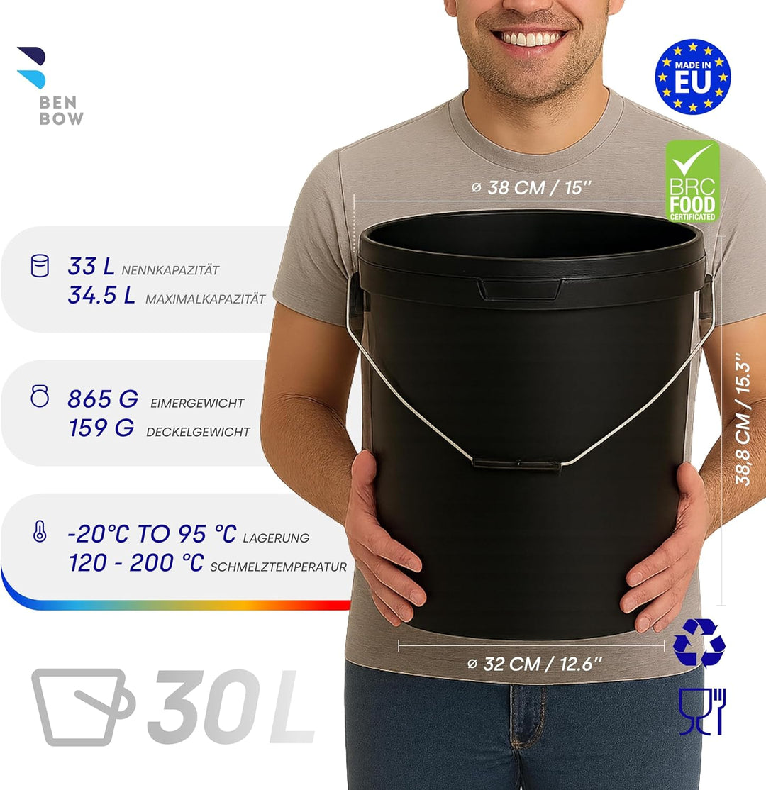 BenBow - Eimer mit Deckel 3X 30 Liter schwarz - lebensmittelecht stabil luftdicht auslaufsicher geru