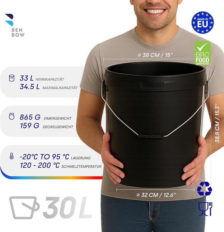 BenBow - Eimer mit Deckel 3X 30 Liter schwarz - lebensmittelecht stabil luftdicht auslaufsicher geru