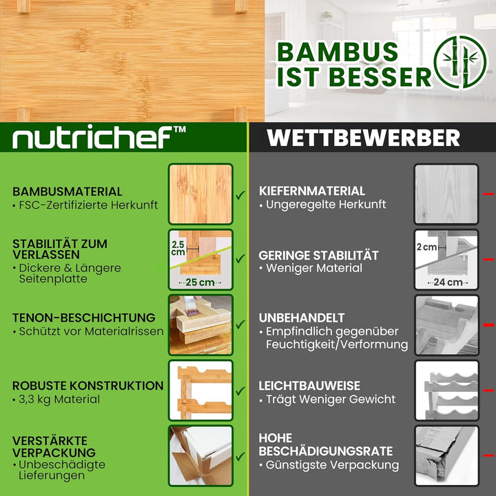 NutriChef Stapelbares Bambus-Weinregal, 8-stöckig, 72 Flaschen Kapazität, Freistehendes Regal, Werkz