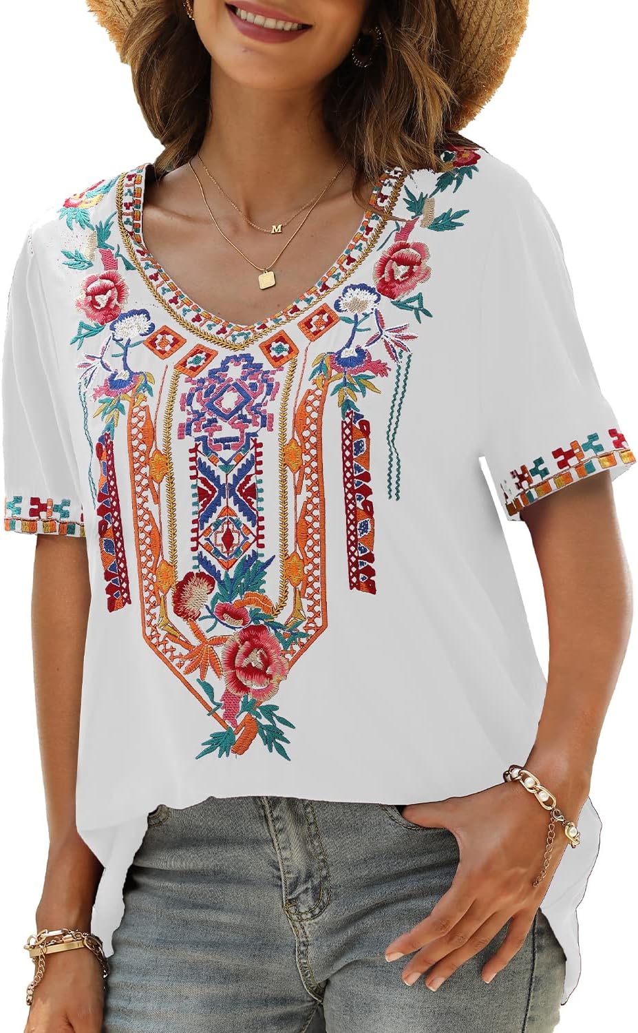 Seasonal Tunika Damen Sommer Boho Bluse Folklore Stickerei Oberteil Trachten Hippie Kleidung Kurzarm