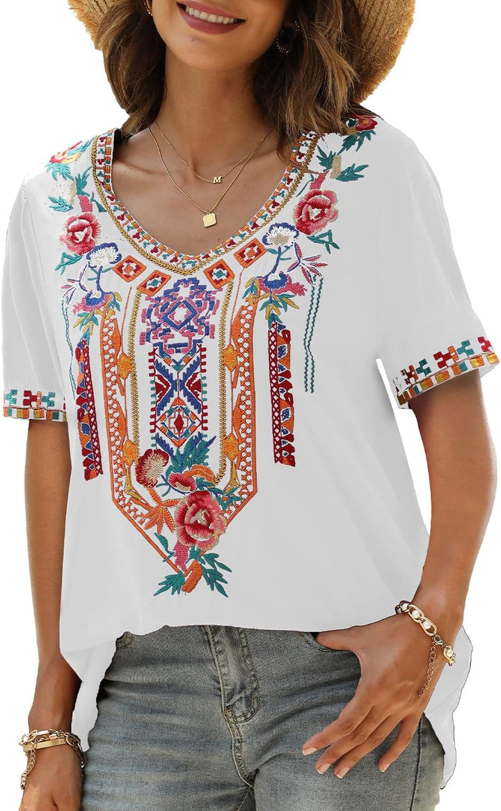 Seasonal Tunika Damen Sommer Boho Bluse Folklore Stickerei Oberteil Trachten Hippie Kleidung Kurzarm