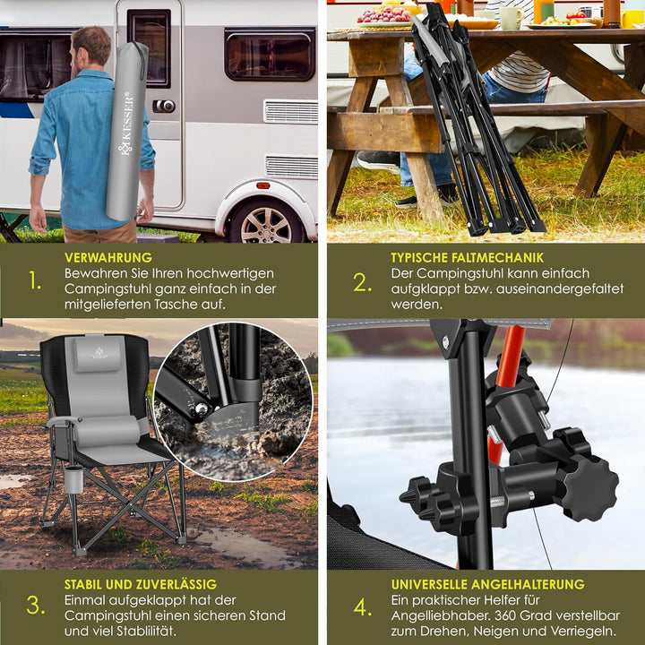 KESSER® Campingstuhl faltbar bis 160 kg | Angelstuhl Faltstuhl Klappstuhl Gepolstert mit Armlehnen |