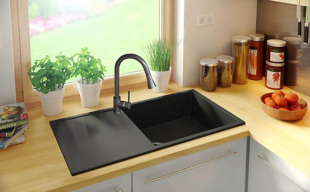 Spülbecken Graphit 90x50 cm, Granitspüle 1 Becken XL + Ablauf-Set, Küchenspüle für 60er Unterschrank