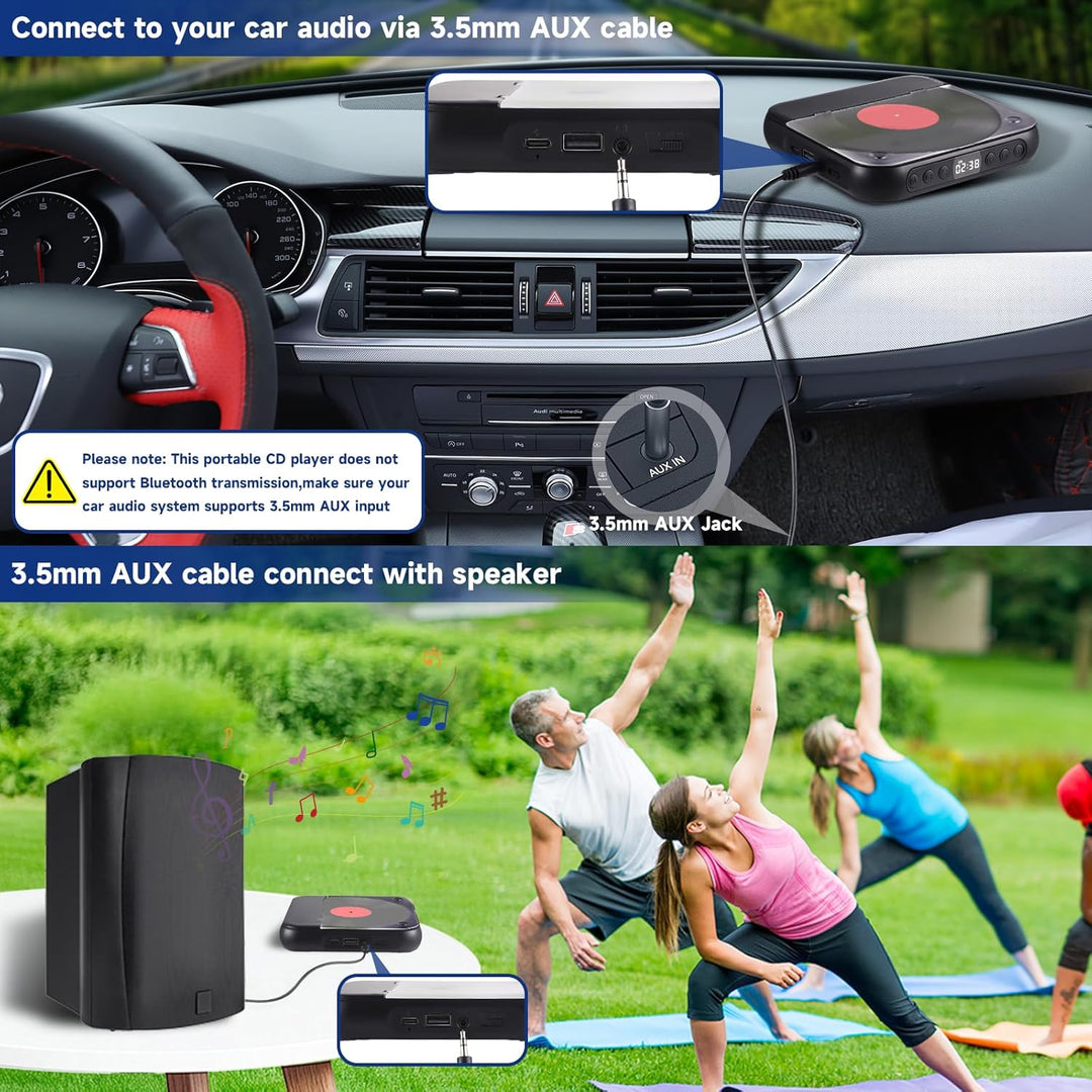 Tragbarer CD Player mit Bluetooth 5.3 - Kinder CD Spieler mit 2000mAh Akku, USB, MP3 Wiedergabe, AUX