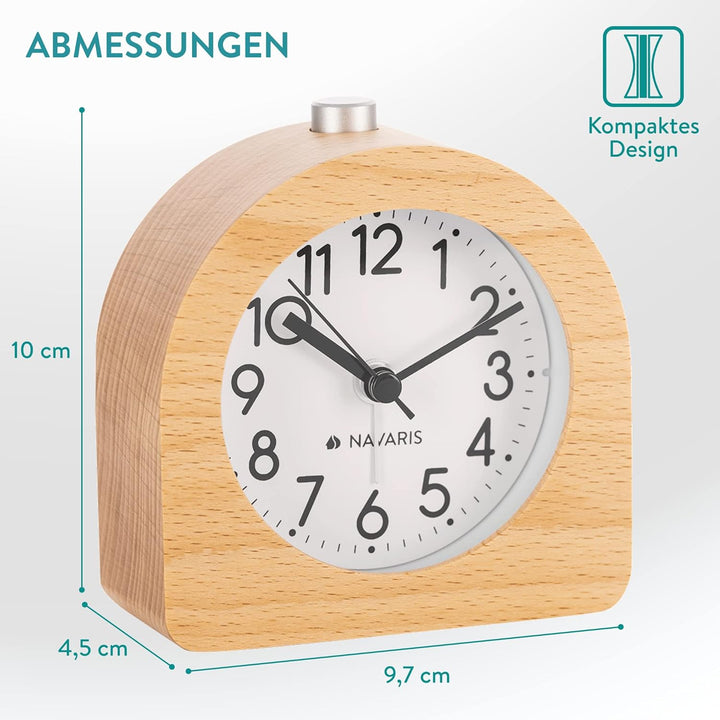 Navaris Holz Wecker Analog ohne Ticken - Batteriebetrieben - Wecker ohne Ticken - Mit Snooze Schlumm