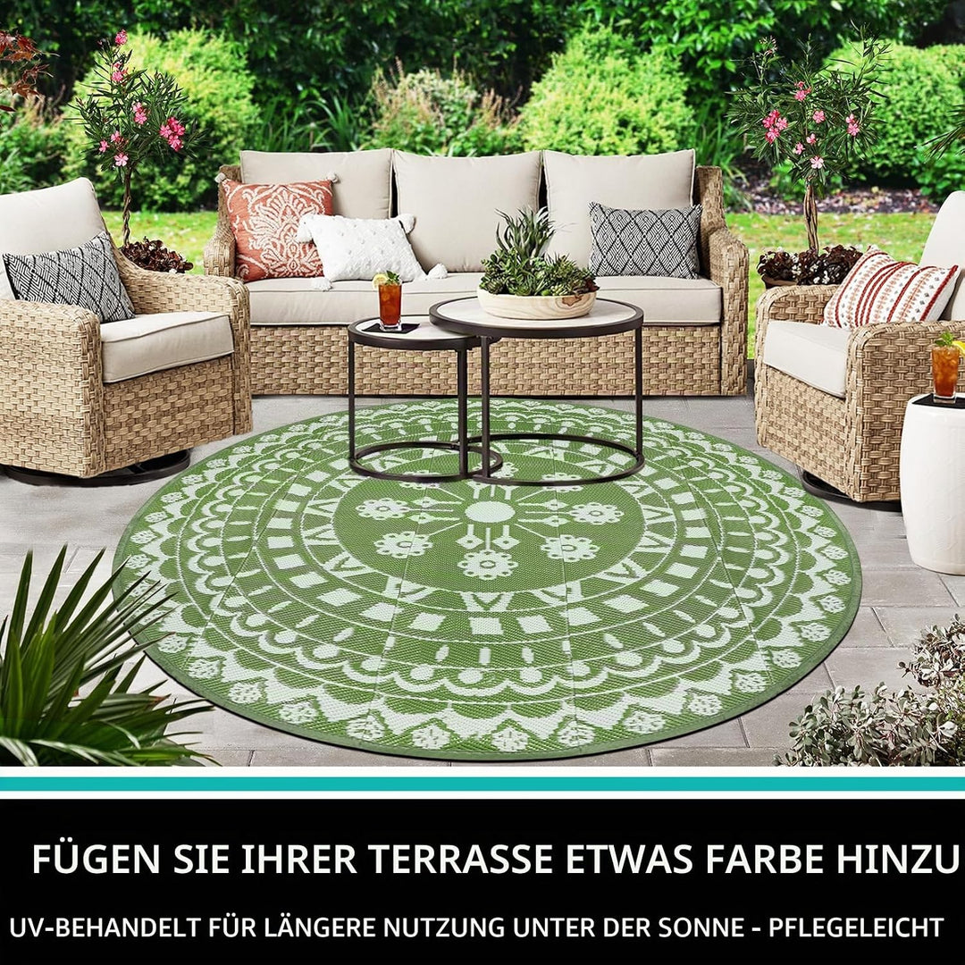 Capslpad Rund Aussenterrasse Teppich ∅180cm Wende Picknickmatte Wasserdichter Kunststoff-Strohteppic