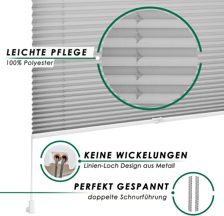 Allesin Plissee ohne Bohren Plissees Klemmfix Hellgrau 35x110cm(BxH), Plisseerollo Faltrollo mit Kle