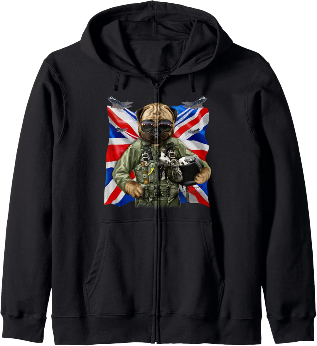 Mops als Kampfpilot mit Union Jack Flagge Kapuzenjacke