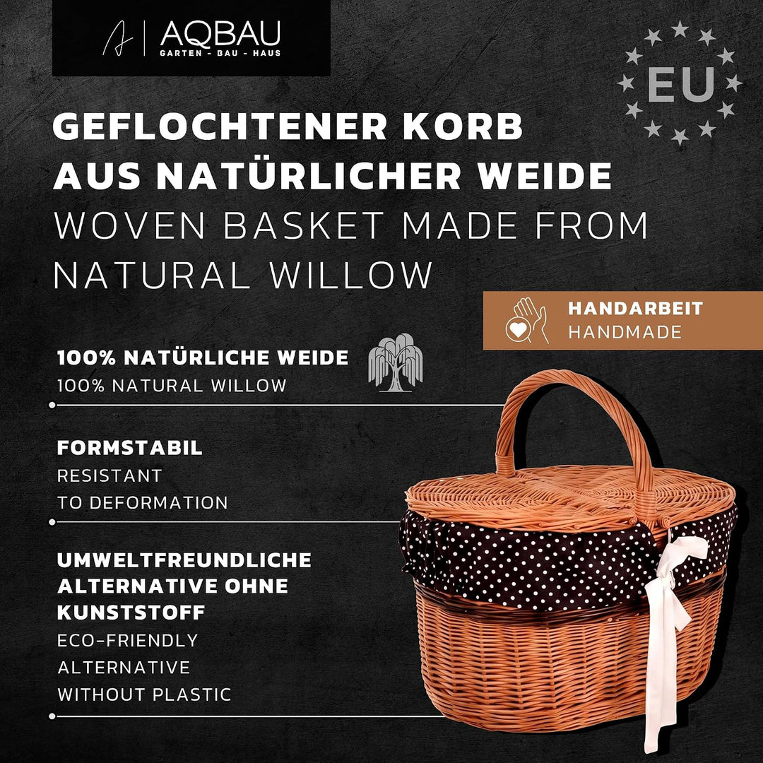 Picknickkorb mit Deckel 40 cm – Einkaufskorb Weide mit Henkel & Stoffeinlage (3 Designs) – Weidenkor