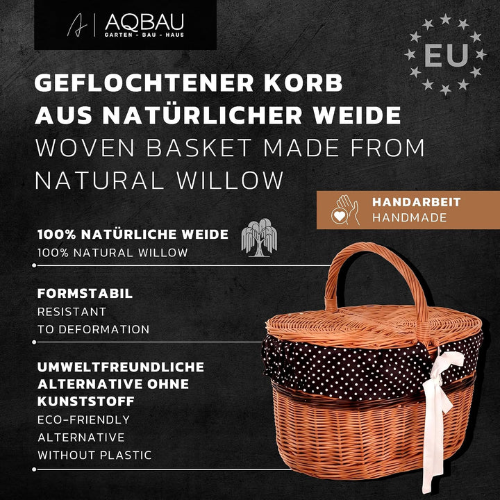Picknickkorb mit Deckel 40 cm – Einkaufskorb Weide mit Henkel & Stoffeinlage (3 Designs) – Weidenkor