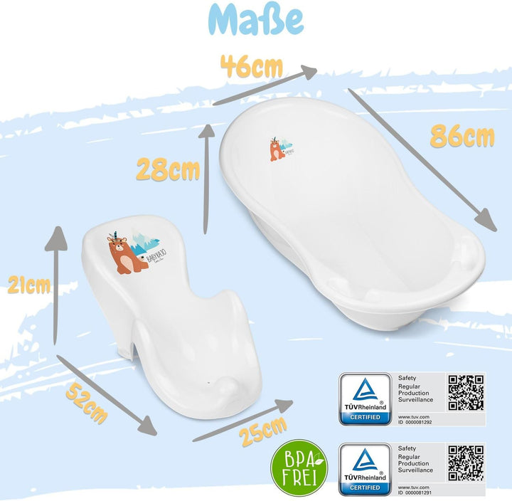 Babybadewanne mit Ständer 8 Set TÜV Rheinland geprüft - Babybadewanne + Baby Badewannensitz + Wickel