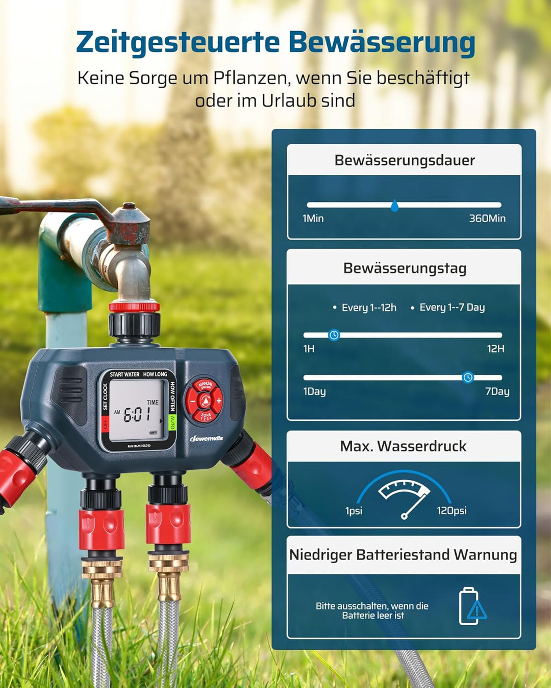 DEWENWILS Bewässerungscomputer 4 Ausgänge, 4 Bewässerungsprogramme für Jede Zone, Garten Bewässerung
