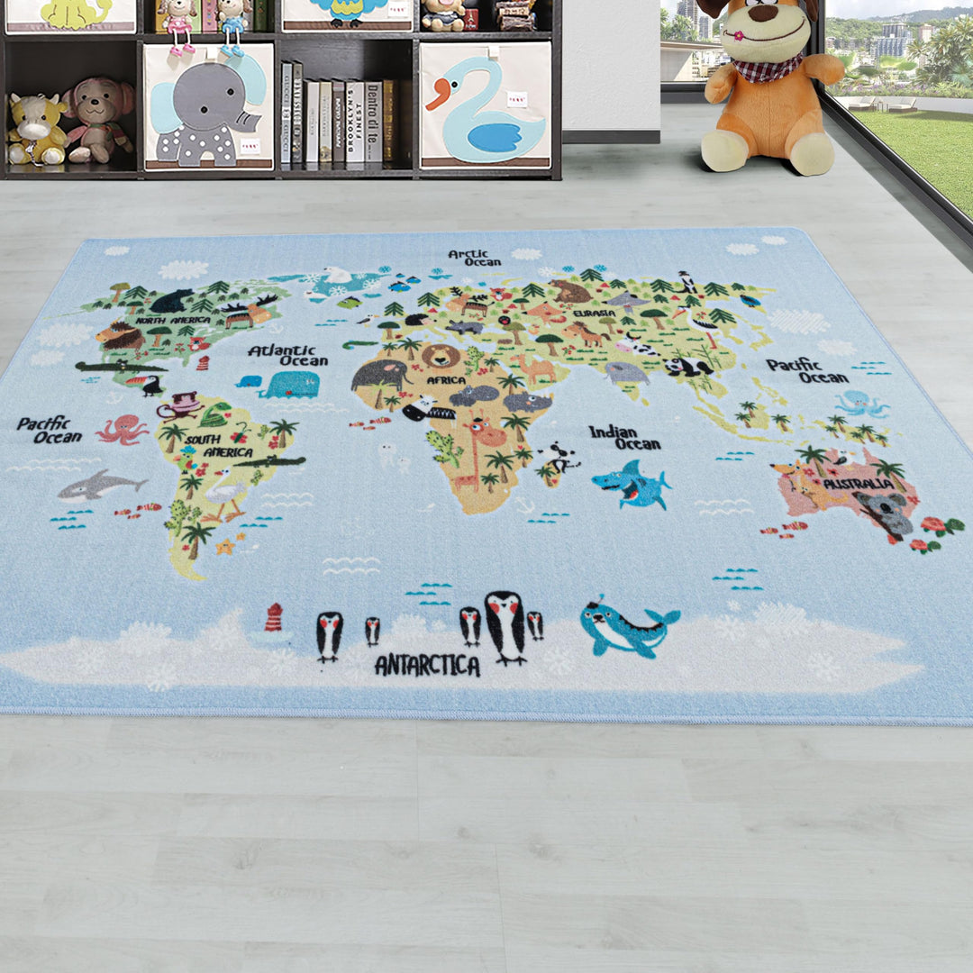 HomebyHome Kinderteppich Kurzflor Weltkarte Tiere Design Kinderzimmer Babyzimmer Spielzimmer 8 mm Fl