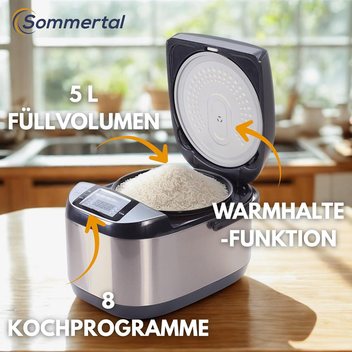 Reiskocher 5 Liter RK50 – Elektrischer Reiskocher & Multikocher für Sushi Reis mit Antihaft-Topf, 3D
