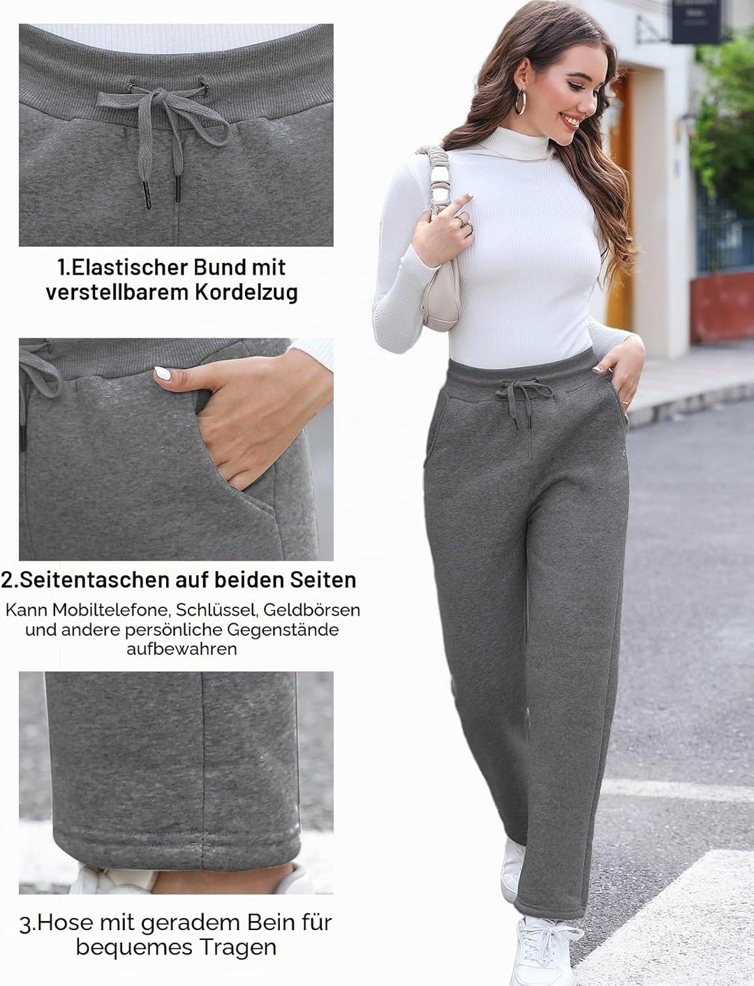 Gefütterte Jogginghose Damen Warm Fleece Freizeithose Winter Thermo Fleecehose High Waist Sweathose