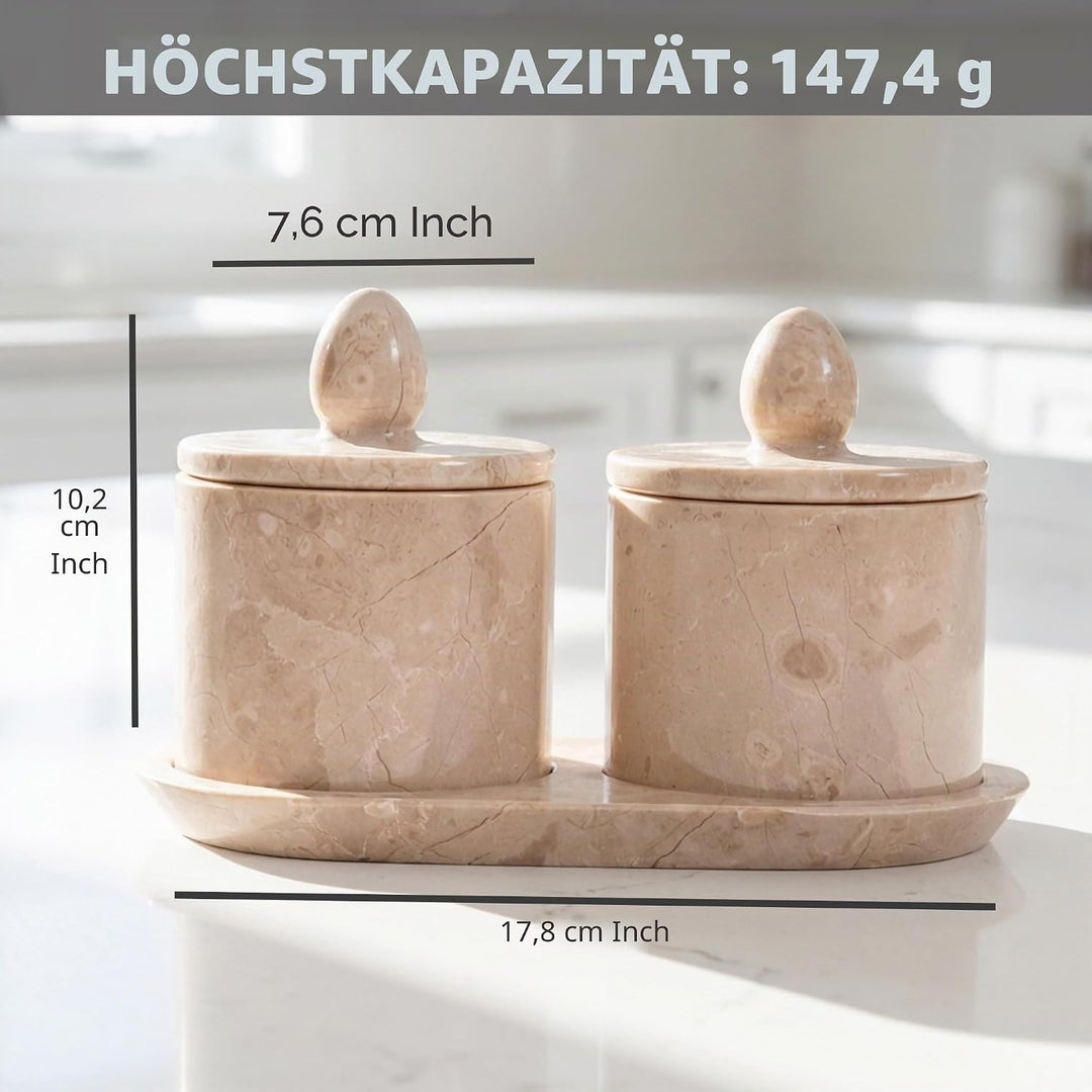 Marmor-Salzkeller mit Deckel und Tablett, 10,2 cm, handgefertigt, Salzbehälter, Set mit 2 Gewürzgläs