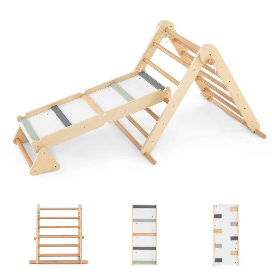 HOMASIS 3 in 1 Kletterdreieck mit Kletterleiter & Wippe, Holz Klettergerüst Indoor mit doppelseitige