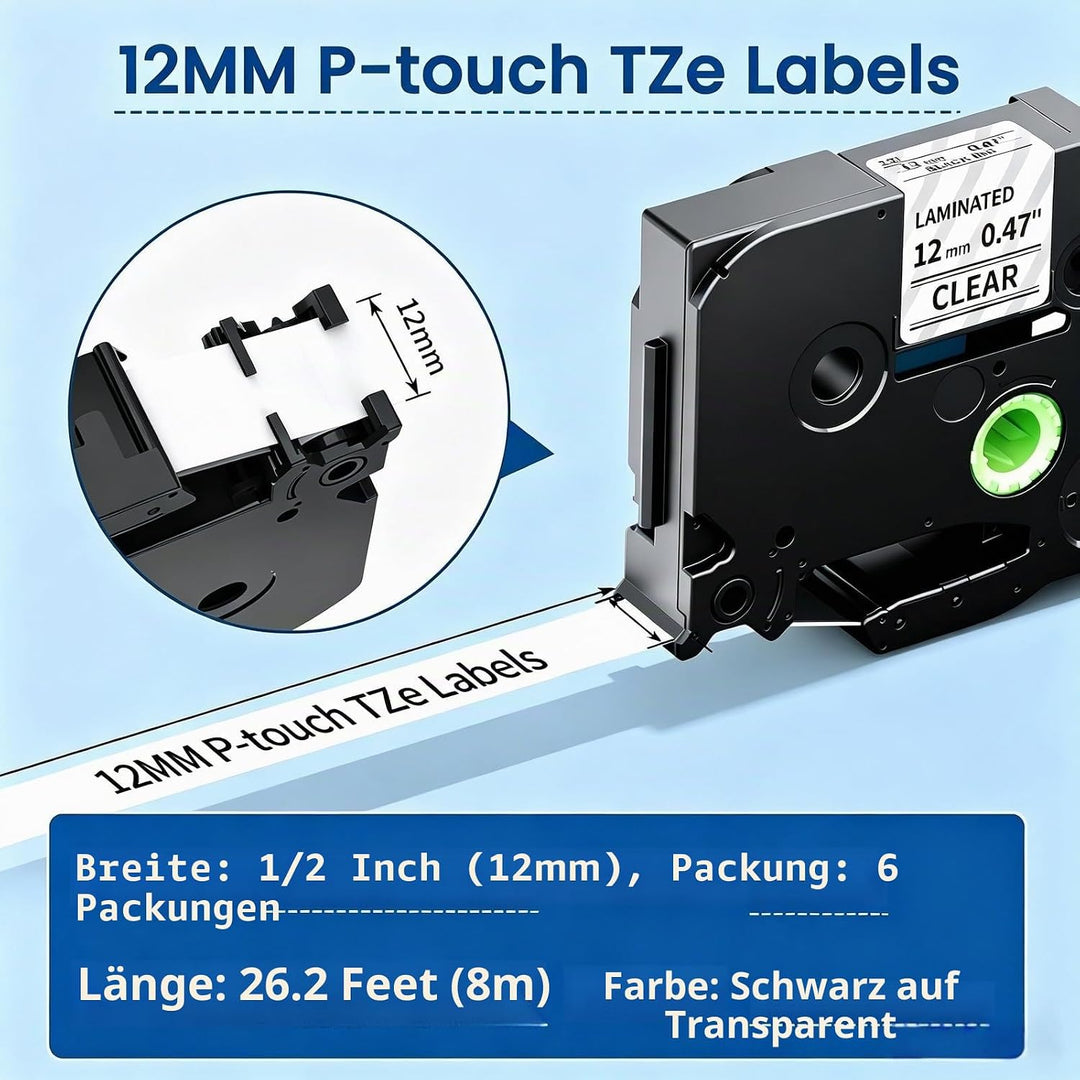 Markurlife 6-Pack Ersatz für Brother P-Touch Bänder TZe-131 12mm Schwarz auf Klar Laminierte Kompati