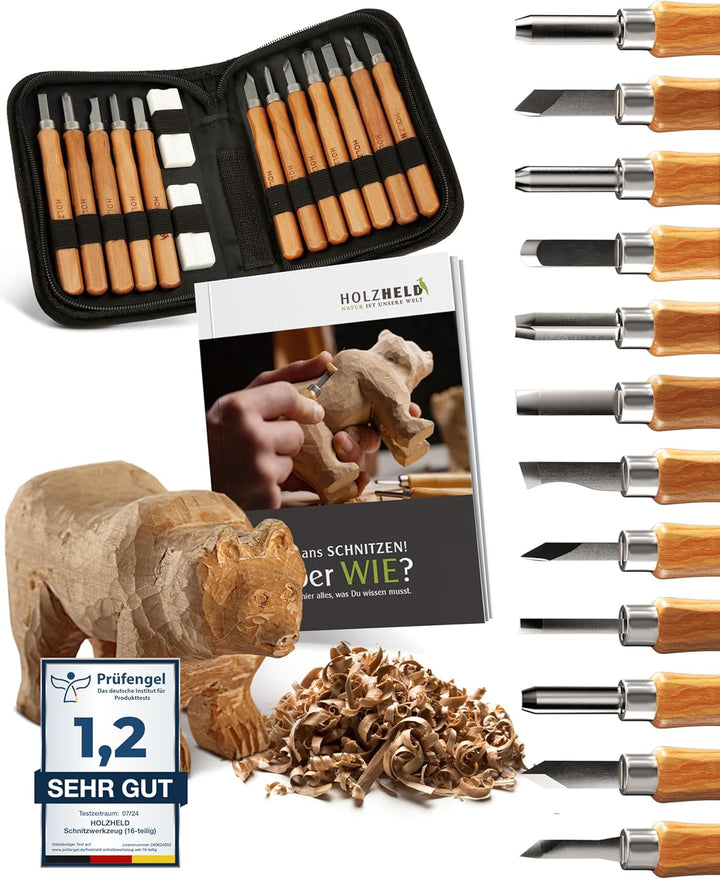 HOLZHELD Holzschnitzwerkzeug Set (14-teilig) mit Anleitung für 1 Schnitzprojekt - 12 Schnitzmesser a
