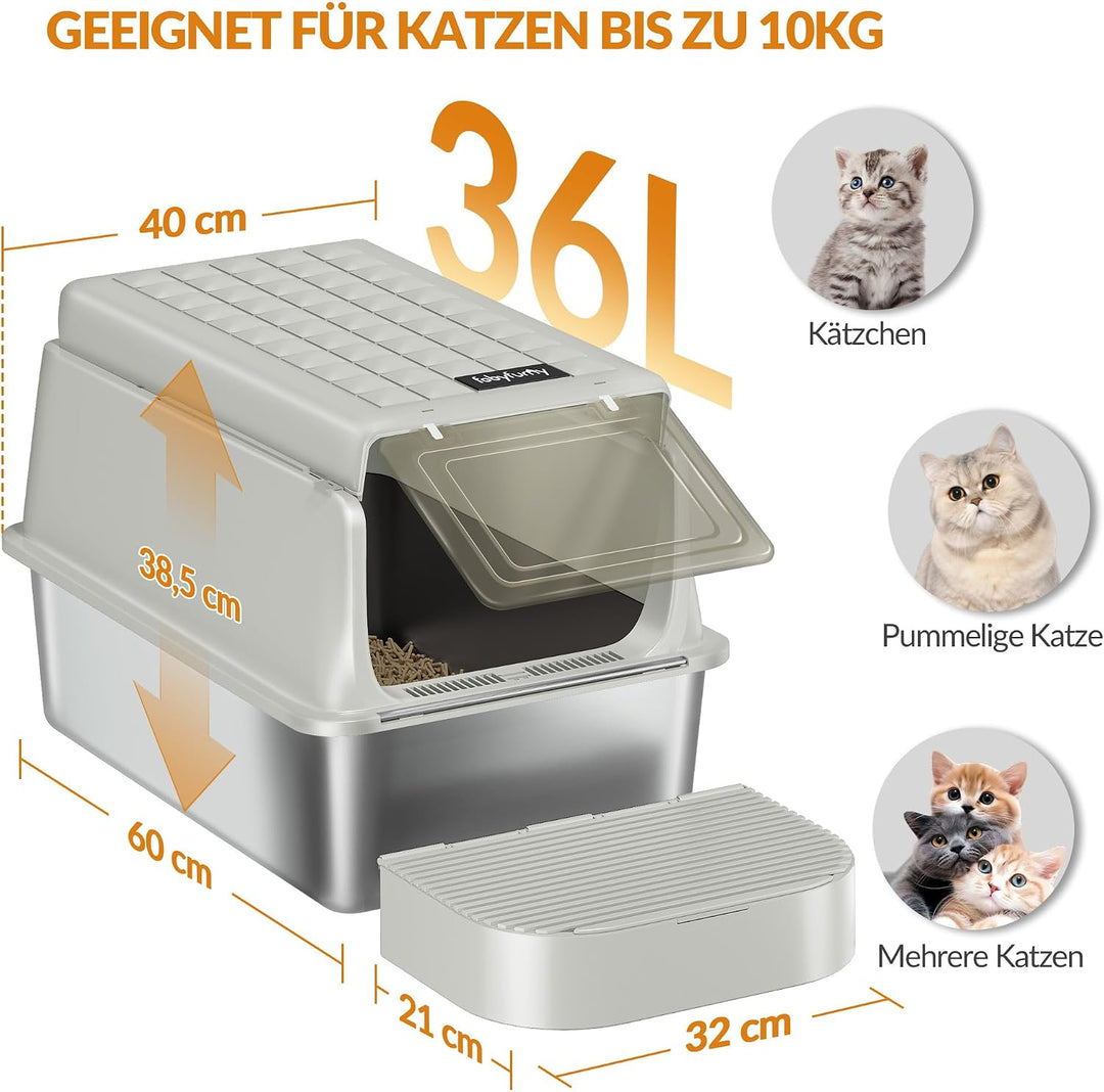 Edelstahl Katzenklo, XXL Metall Katzentoiletten, Cremegrau | Geschlossene Katzenklo, mit Schaufel un