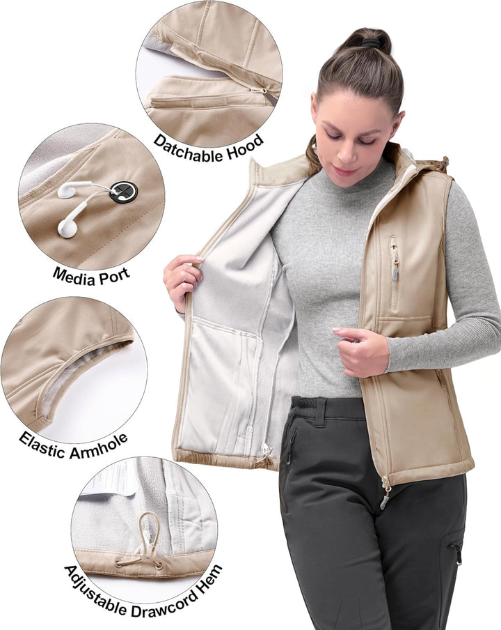 33,000ft Damen Softshell Westen mit Abnehmbare Kapuze Fleece Gefütterte Ärmellose Jacke Wasserdichte