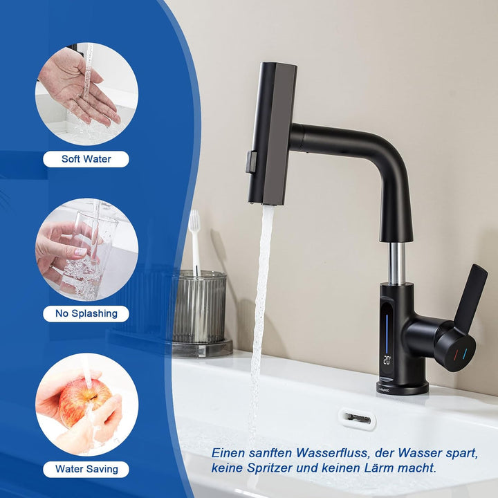 Wasserhahn Bad 360°Schwenkbar Spültischarmatur LED Temperaturanzeige,Aufsatzwaschbecken mit 3 Wasser