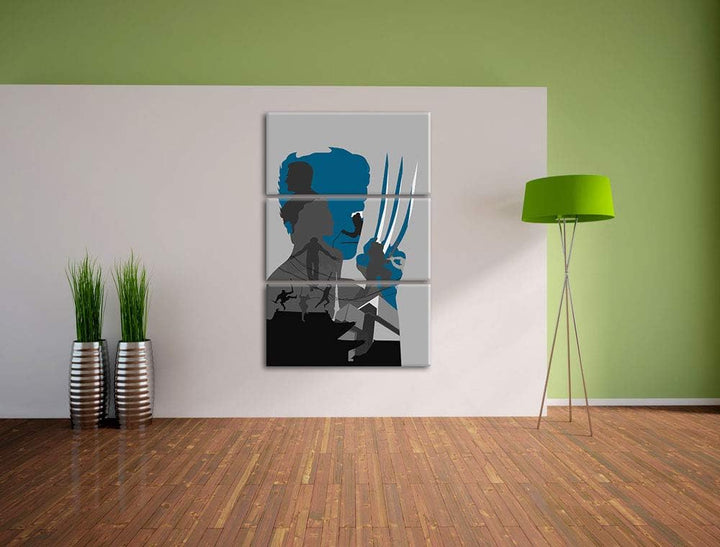 Wolverine mit ausgefahrenen Klingen schwarz/weiss 3-Teiler Leinwandbild 120x80 Bild auf Leinwand, XX