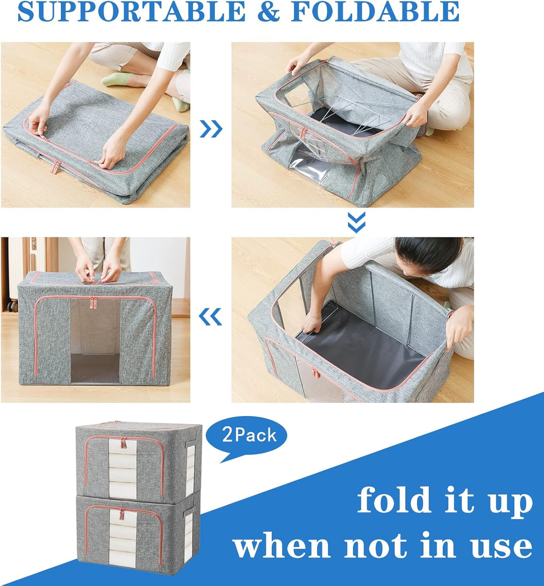 Aufbewahrungsbox 2 Stück, Kleiderschrank Organizer Faltbar Kleideraufbewahrung Box mit Metallrahmen,