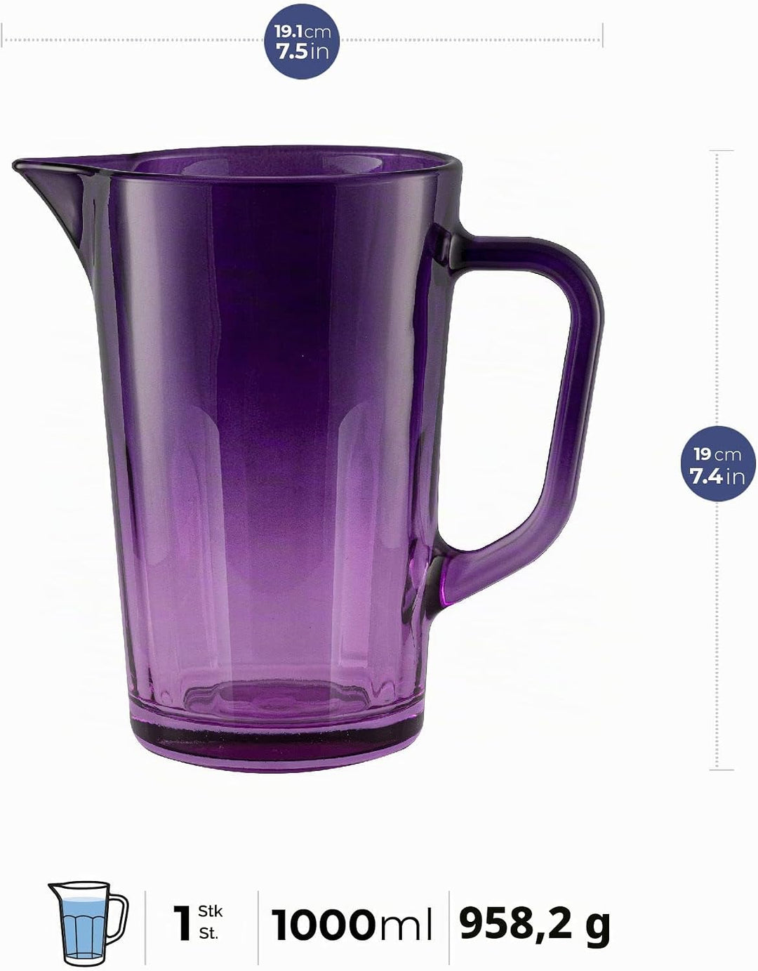 TREND FOR HOME Wasserkaraffe Glas 1 Liter mit Handlichem Griff Bunt Wasserkrug 19 cm Glaskanne Lila