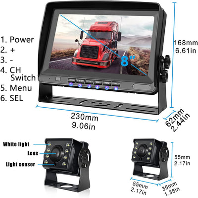 Hodozzy Rückfahrkamera Auto mit 8 Zoll LCD Monitor, AHD 1080P 2*Kameras IP69 Wasserdicht Super Nacht