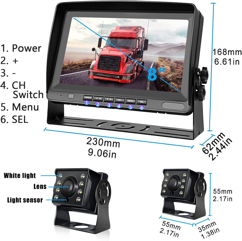 Hodozzy Rückfahrkamera Auto mit 8 Zoll LCD Monitor, AHD 1080P 2*Kameras IP69 Wasserdicht Super Nacht