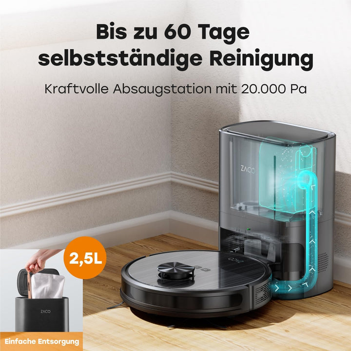 ZACO A10 Pro Saugroboter mit Wischfunktion, 2,5l Absaugstation bis 60 Tage, Lasernavigation, 3000Pa,