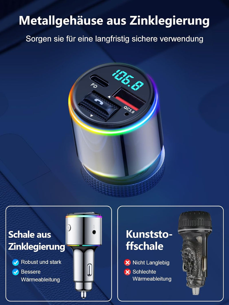 Babacom 48W Bluetooth Adapter Auto, 【PD 30W & QC3.0 18W】【Ganzmetall】 AUX-Anschluss FM Transmitter Au