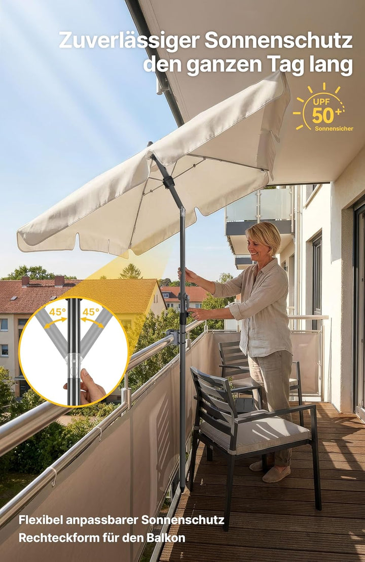 4smile SunnyShade Sonnenschirm Balkon mit Halterung im 3-er-Set, UV 50+, 200x125 cm, Beige, für Balk