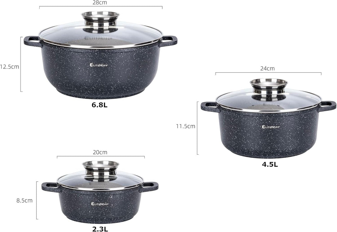 EliteHoff Kochtopf Set Induktion, Topf aus Aluminiumguss mit Antihaftbeschichtung, Topfset mit Glasd