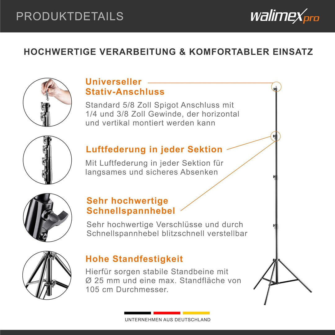 Walimex pro AIR 380 Deluxe Lampenstativ 380cm - Lichtstativ mit Luftfederung, Höhe max 380cm, 15 kg