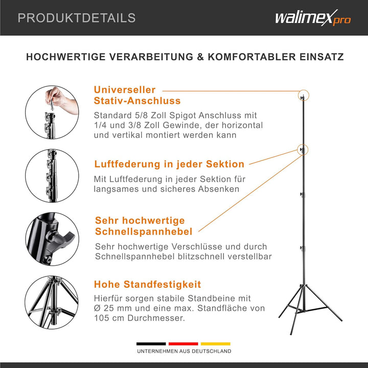 Walimex pro AIR 380 Deluxe Lampenstativ 380cm - Lichtstativ mit Luftfederung, Höhe max 380cm, 15 kg