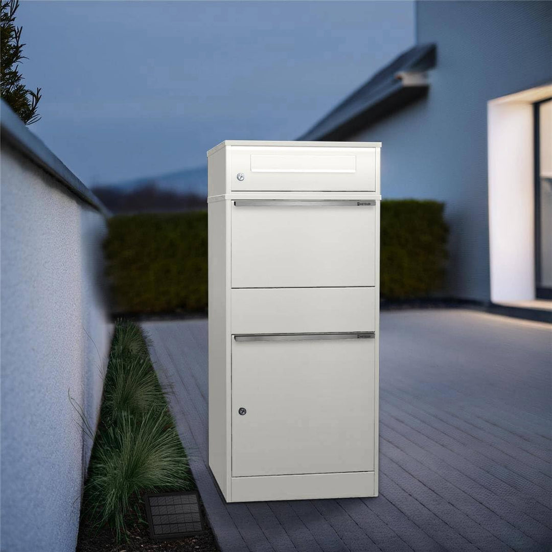 Metzler Paketbox mit LED-Solarbeleuchtung und EINEM Briefkasten, abschliessbar und wetterfest in Wei