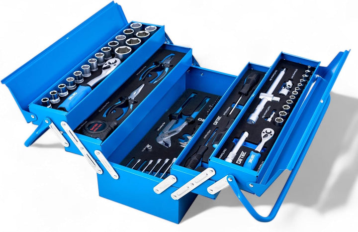 DeTec. Werkzeugkiste blue Edition | klassischer Metall-Werkzeugkasten gefüllt mit Werkzeug - 86tlg.