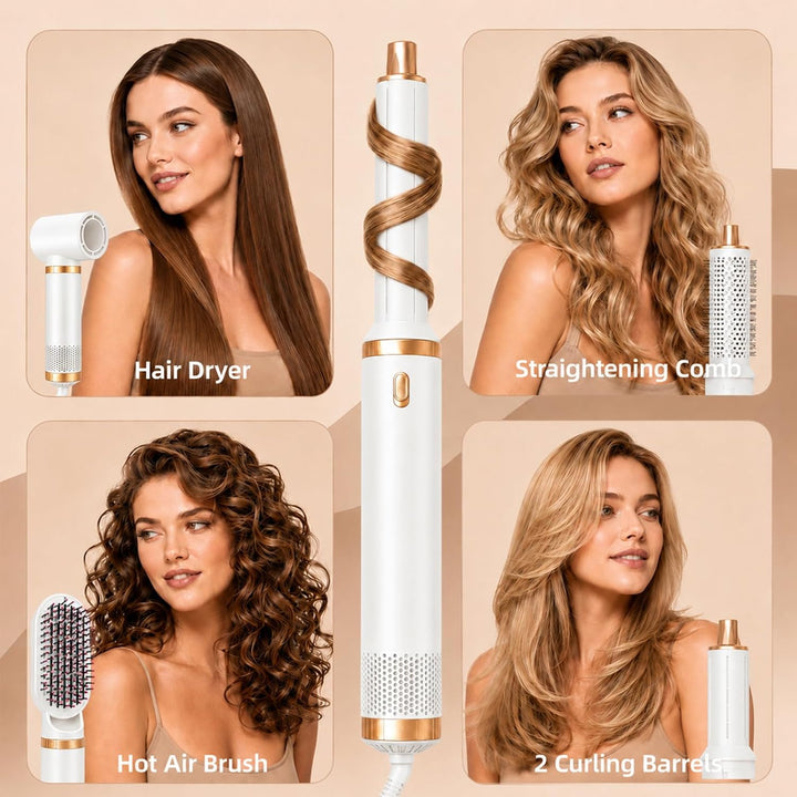 5 in 1 Hairstyler Warmluftbürste mit Aufsätzen - Rotierende Lockenbürste Elektrisch, Föhn Rundbürste