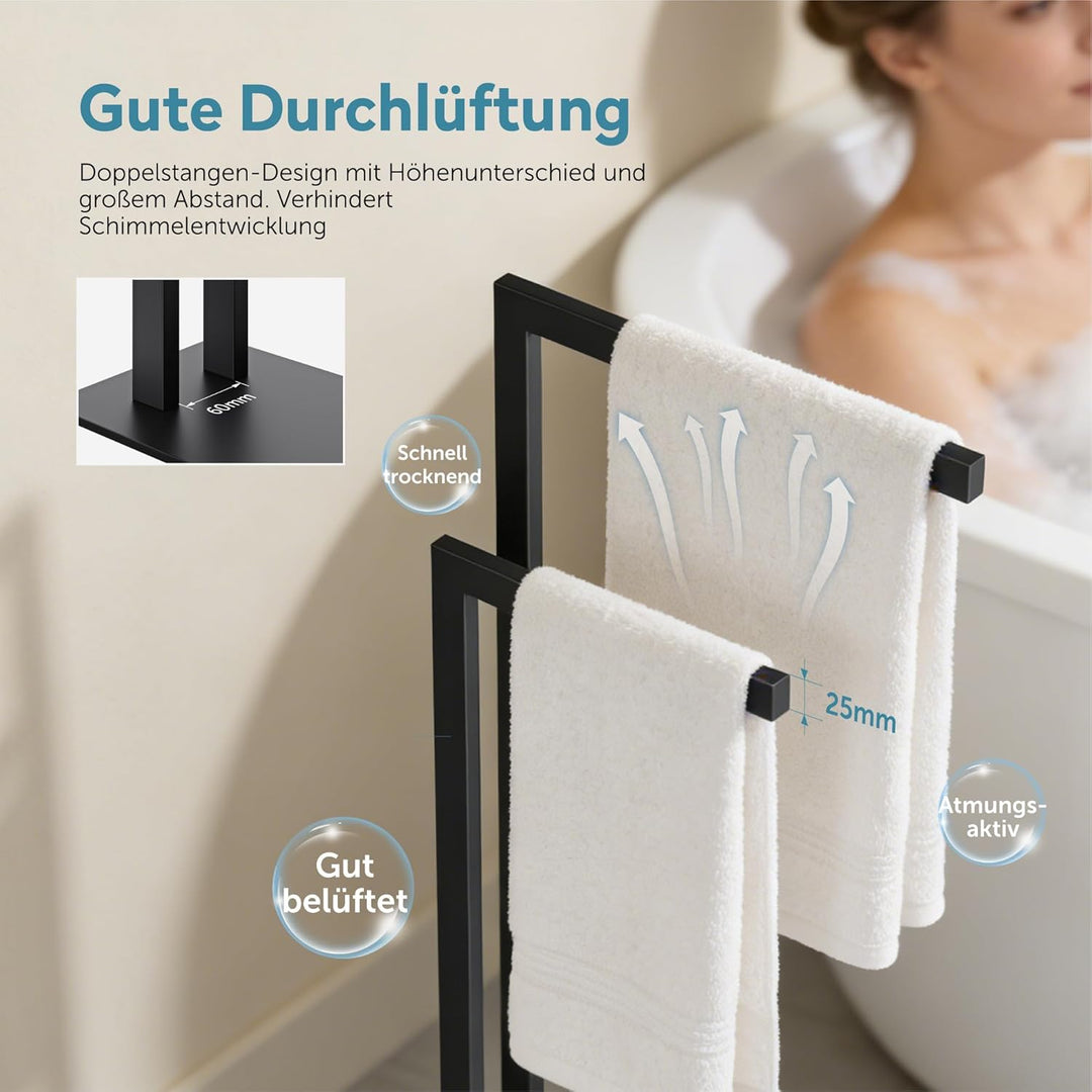 doporro Handtuchständer Freistehend, Handtuchhalter Stehend schwarz Edelstahl mit 2 Stangen, Badetuc