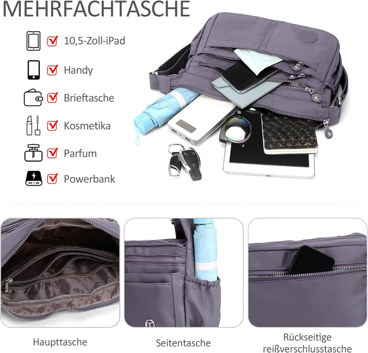 DIRRONA Beiläufig Damen Umhängetasche Multi Pocket Crossbody Bag Mittelgrosse Umhängetasche Aus Nylo