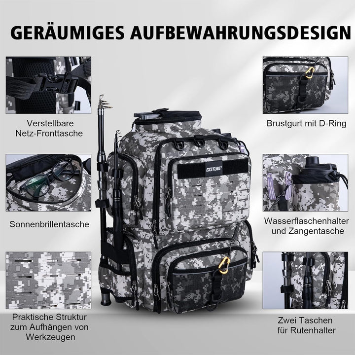 Goture Angelrucksack mit 4 Köderbox Angeln, 45-Liter Angelzubehör-Rucksack mit Zwei Rutenhaltern und