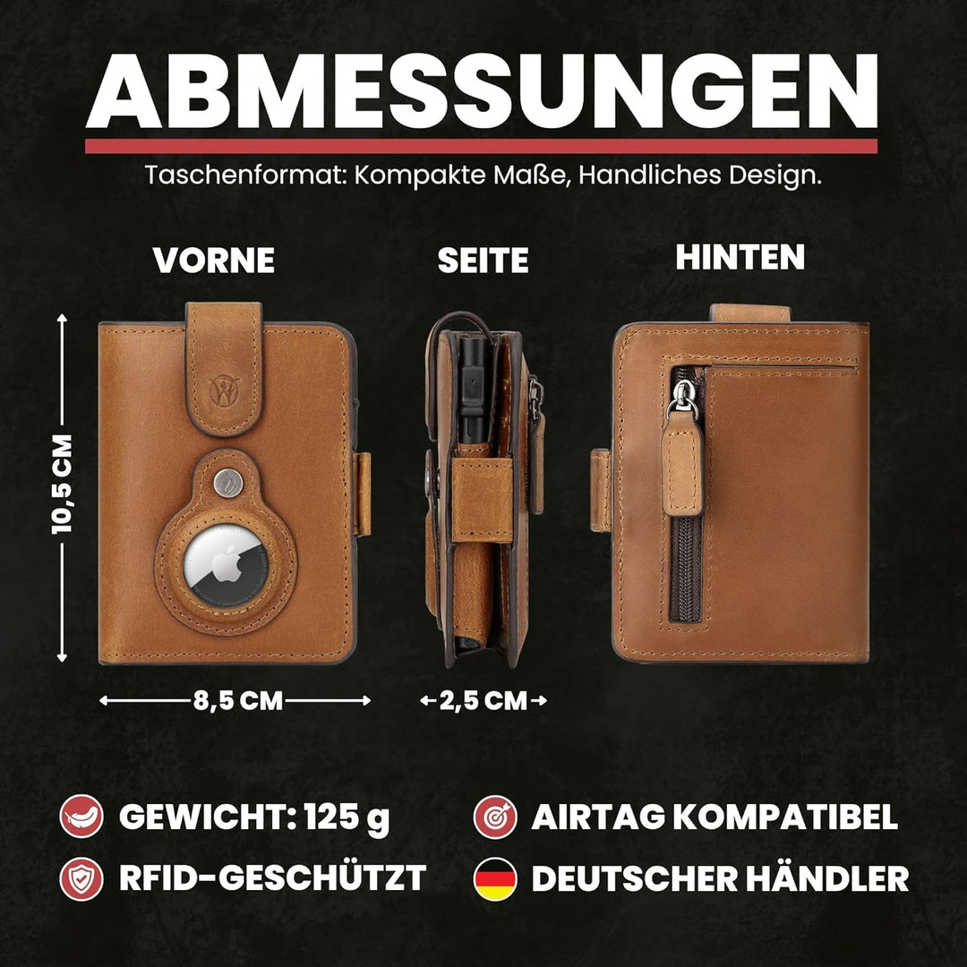 Will Fire® AirTag Wallet | Inkl. Anhänger | Echtleder Geldbörse mit Münz- & Scheinfach | Extra gesic