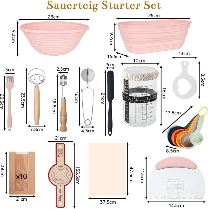 Sauerteig Starter Set 18-teilig mit 900ml Sauerteig Glas, klappbaren Silikon-Gärkörbchen (25cm Oval