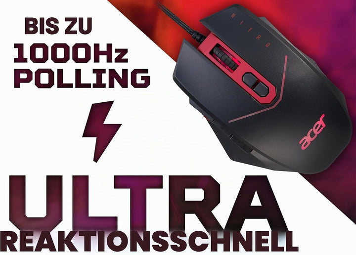 Acer Nitro Gaming Maus (4.200 DPI, anpassbar mit Vier Stufen und acht Tasten inkl. Burst Fire, LED B