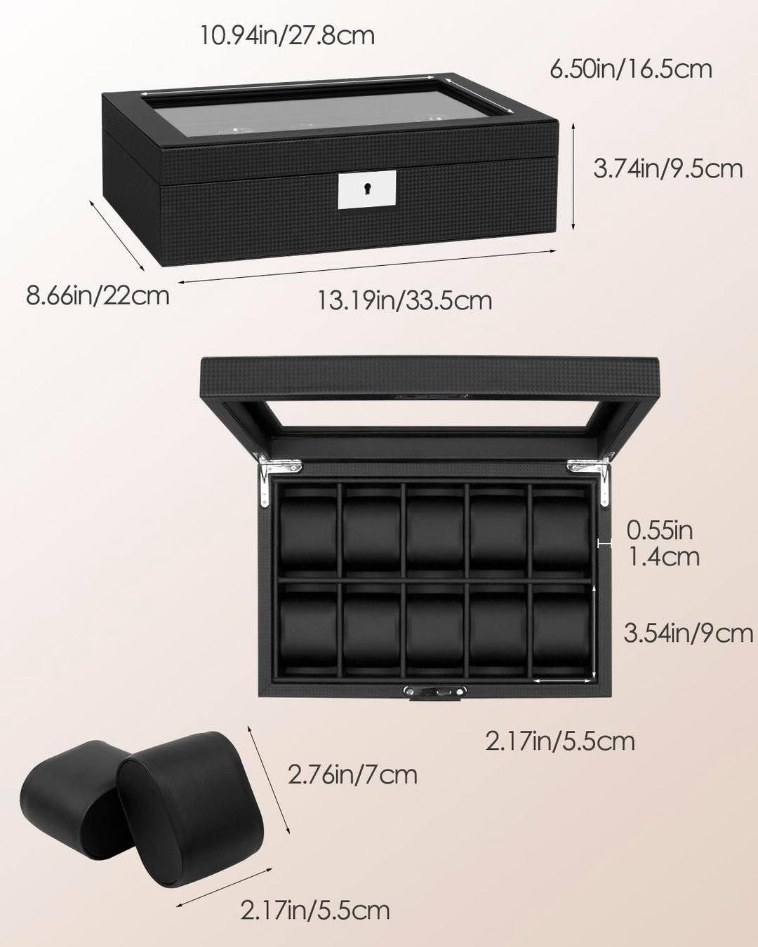 KILHS Uhrenbox mit 10 Fächern, Uhrenkasten mit grossem Glasdeckel, herausnehmbares Uhrenkissen, absc