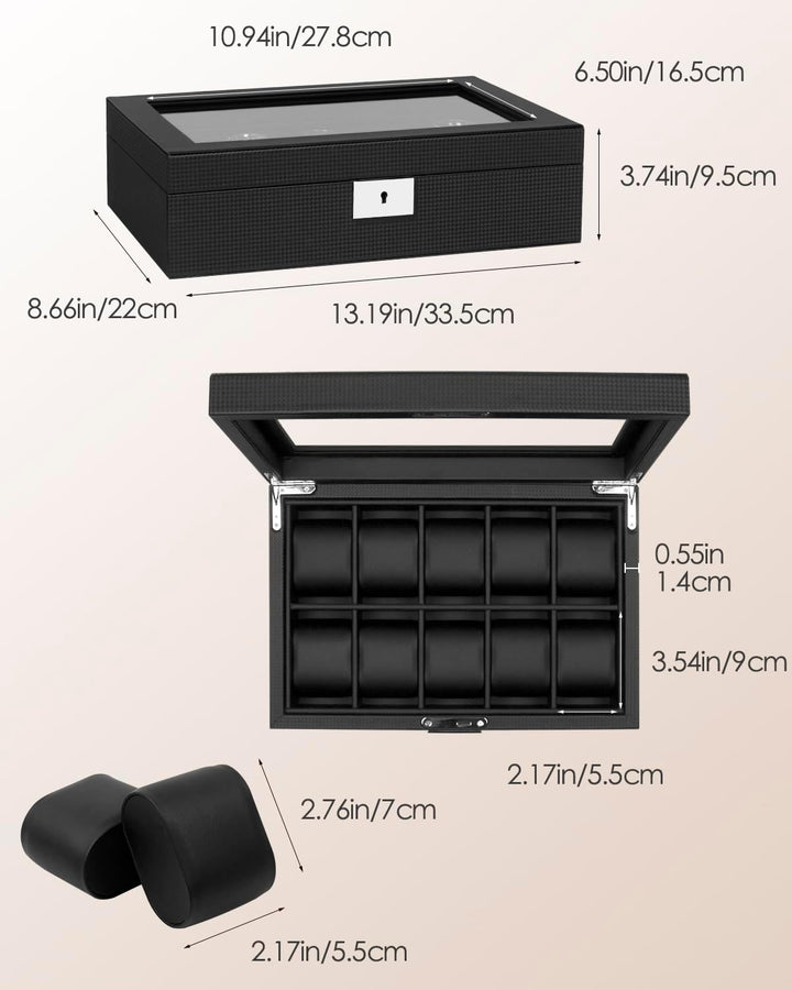 KILHS Uhrenbox mit 10 Fächern, Uhrenkasten mit grossem Glasdeckel, herausnehmbares Uhrenkissen, absc